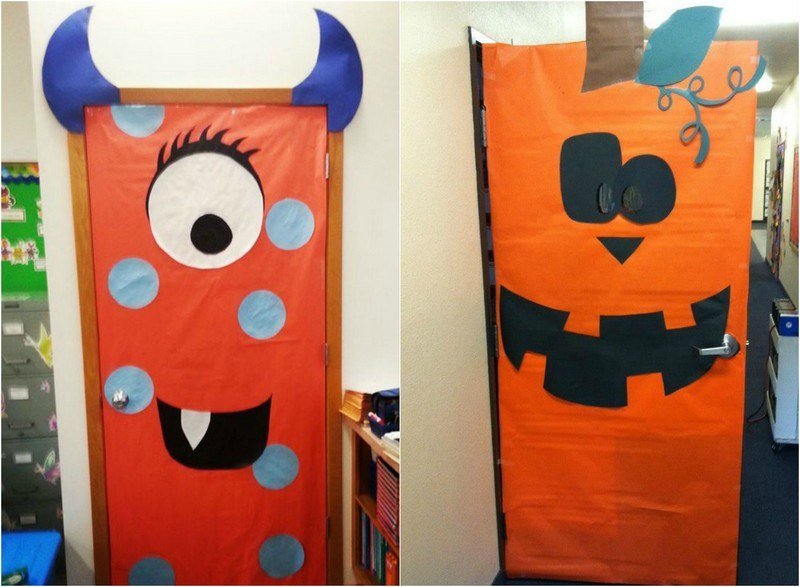 halloween-dörr-dekoration-idéer-orange-färgade-konstruktion-papper-monster-pumpa