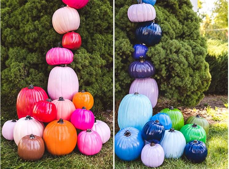 Gör Halloweenpynt till trädgården själv av färgglada pumpor