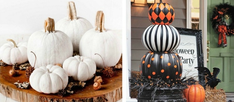 idéer halloween dekoration pumpa arrangemang vit träskiva utomhus