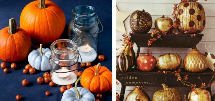 idéer halloween dekoration inspiration arrangemang pumpor guld rustikt mönster