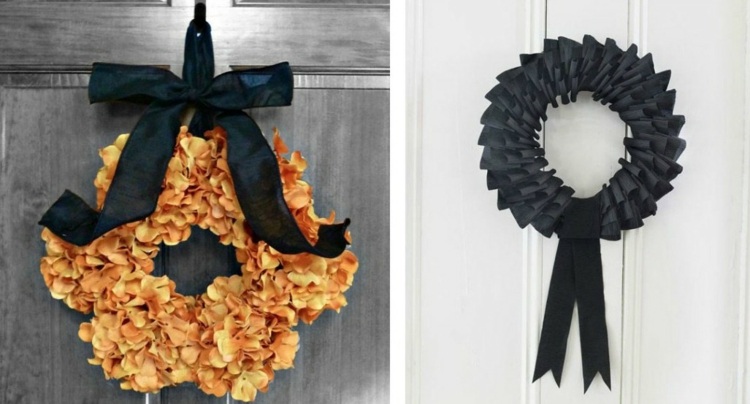 idéer halloween dekoration dörrkrans orange blommor band svart
