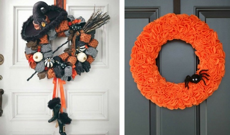 idéer halloween dekoration dörrkrans design orange spindel häxor motiv