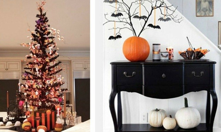 halloween dekoration idéer gran träd original byrå strauss kvistar fladdermöss