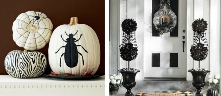 idéer halloween dekoration svartvitt design pumpa skalbagge krans entrédörr