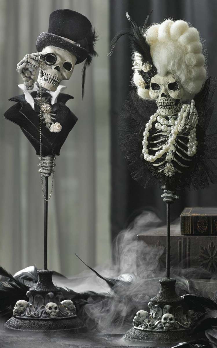 halloween-bröllop-skelett-figurer-bord-dekoration-idé-svart-vitt