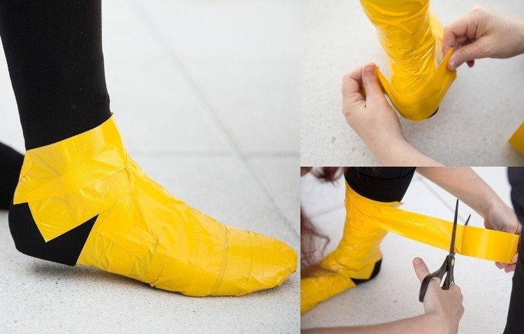 halloween-förklädnad-män-gör-själv-superhjälte-skor-diy-tejp-gul