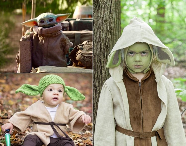 Gör Baby Yoda själv som en förklädnad till Halloween med en beige jacka med huva