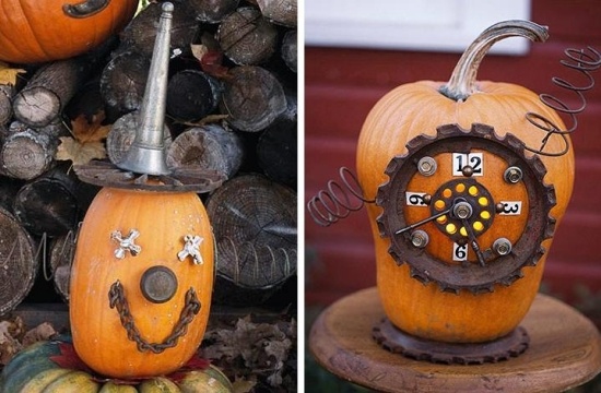 Pumpa Halloween-idéer grimasformade gamla grejer-klockväxlar-metallfjäder