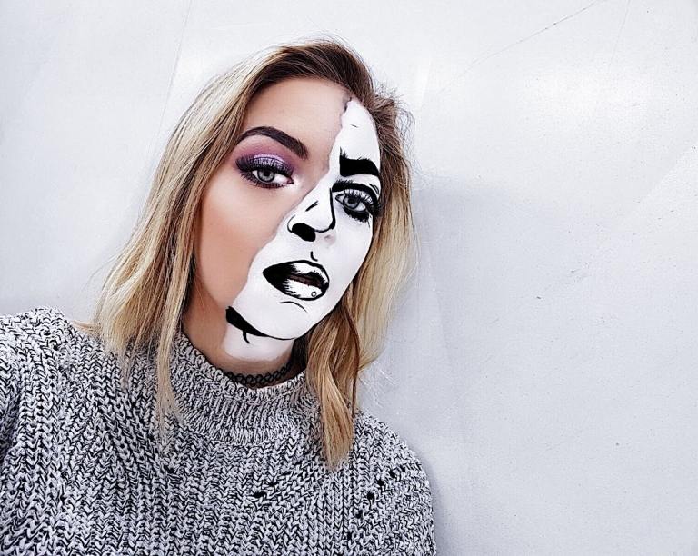 Halloween-smink i svart och vitt inspirerat av serietidningar