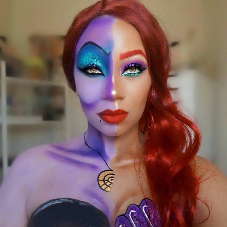 Disneyinspirerad halv ansiktsmakeup Ariel sjöjungfrun och Ursula smink