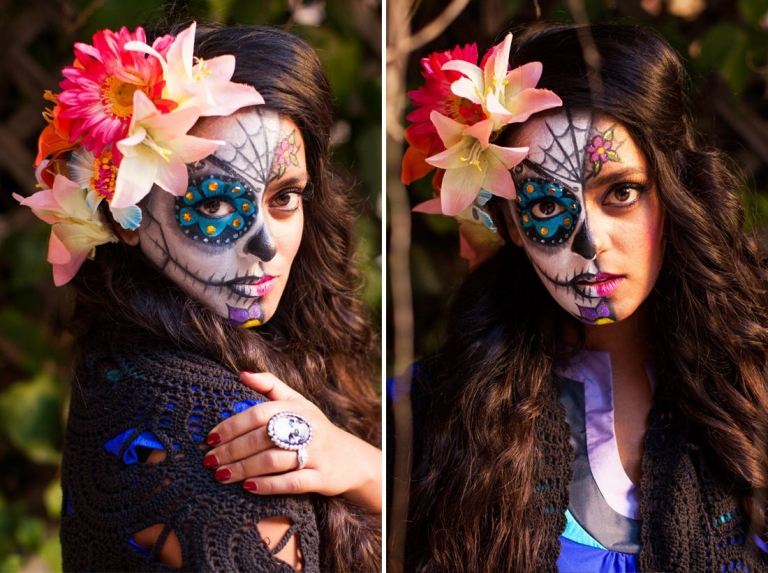 Half face för Halloween make up Sugar Skull med blommor och glitter