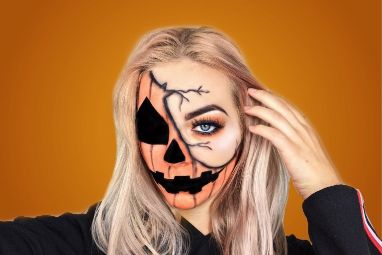 Pumpa i ansiktet målar sminkidéer för kvinnor till Halloween