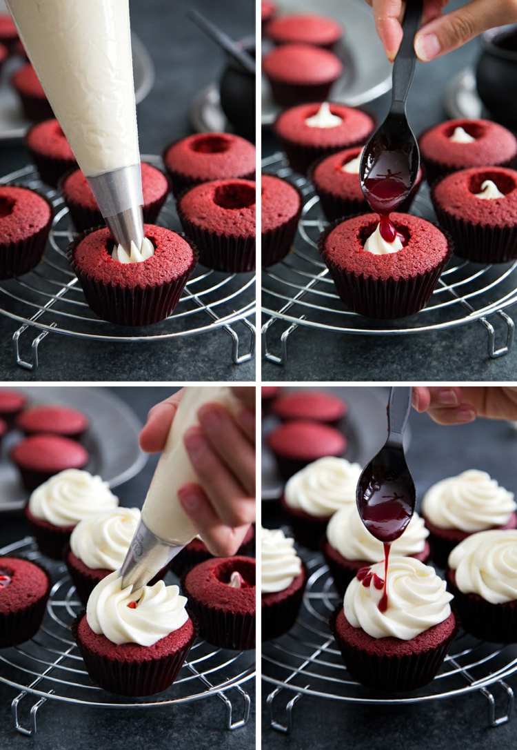 blod smörkräm röd sammet halloween muffins dekoration idéer