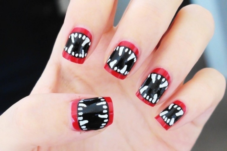 halloween-nagel-design-bett-monster-mun-tänder-nagellack