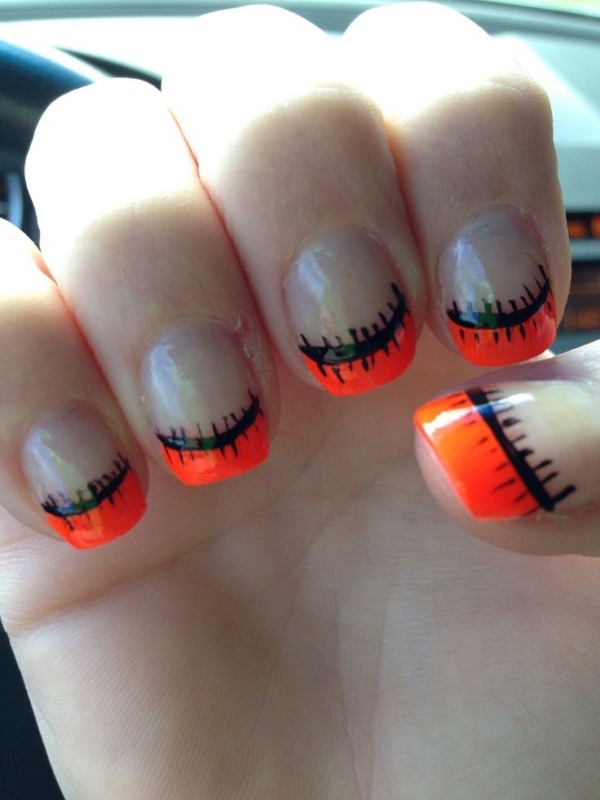 Halloween-nagel-design-franska-naglar-neon-orange-spik-tips
