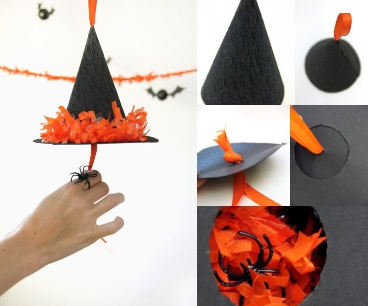 Halloween piñata häxhatt gör instruktioner och fyller med konfetti