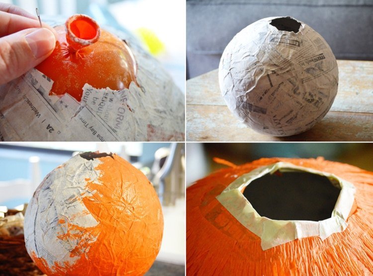 Gör en pumpa Halloween piñata av en ballong och tidning och lim
