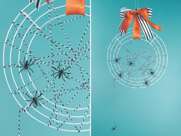 Gör en dörrkrans av metall med ett spindelnät av snöre