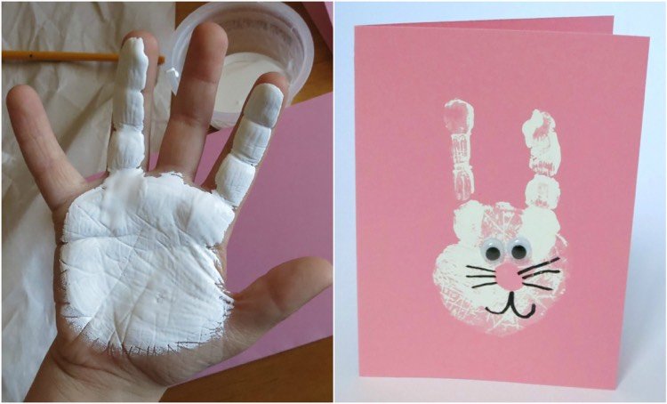 handavtryck-bilder-barn-påsk-kanin-vit-vicka-ögon-hälsning-kort