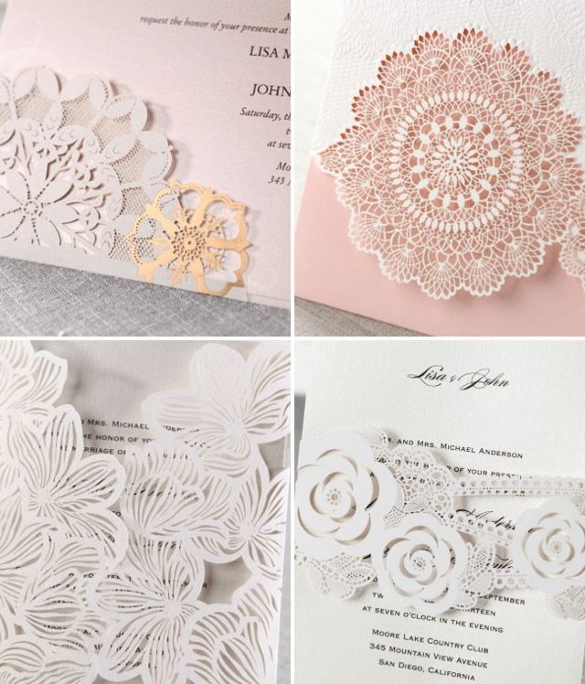 Bröllopskort laserskurna blommor mönster rosa vit färg