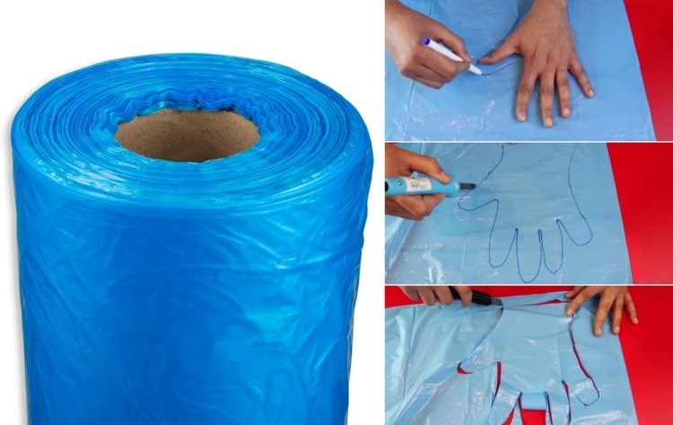 Överför handkonturen till plastpåsen och klipp ut den för självgjorda skyddshandskar