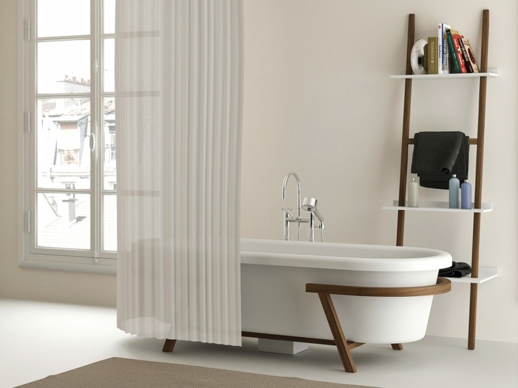 Handdukshållare-badrum-stege-trä-hylla-badkar-moderna badtillbehör