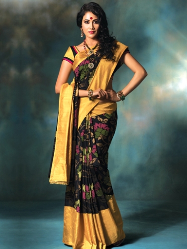Uppada Silk Black and Yellow Handwoven Saree