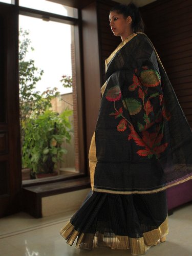 Tussar Silk Black Handwoven Saree