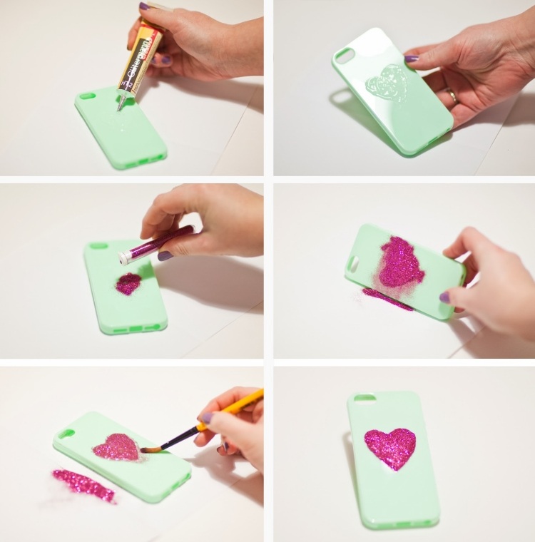 Designa ditt eget mobiltelefonfodral -glitter-hjärtlim