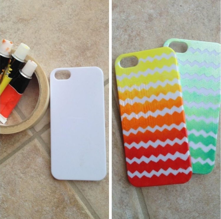 måla mobiltelefonväska med akrylfärg ombre -effekt zigzagmönster med tejp