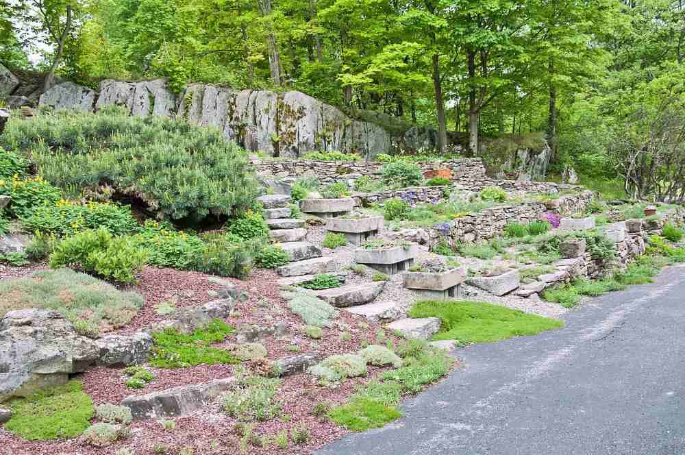 Skapa trädgårdsbäddar av betong och stenar och absorbera sluttningar bredvid skogen