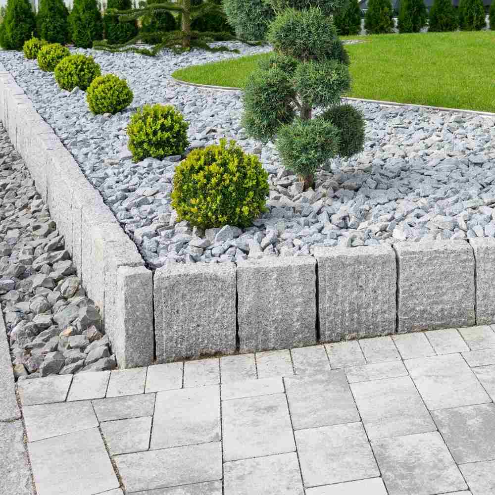 trädgårdsdesignidéer med en betongkant och träd som ska planteras med betong