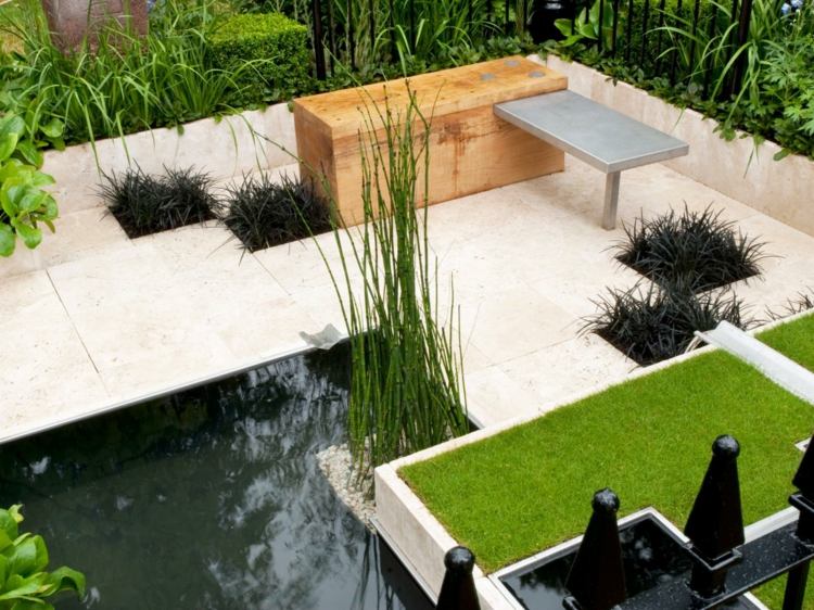 skapa en sluttning trädgård minimalistisk design damm gräsmatta terrass