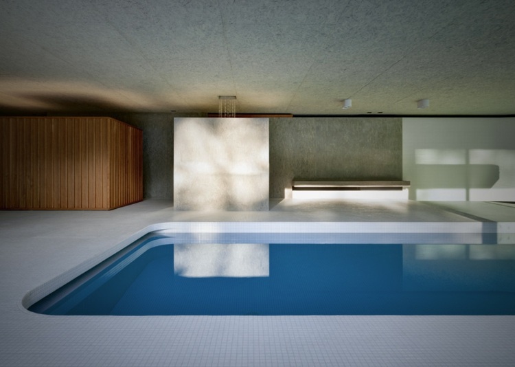 pool förlängning hus mosaikplattor vit betong träpanel modernt