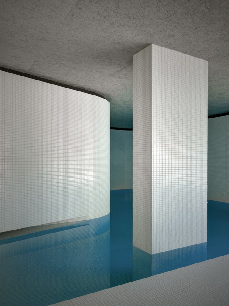 Förlängning pool hus pelare moderna vita kakel paviljong