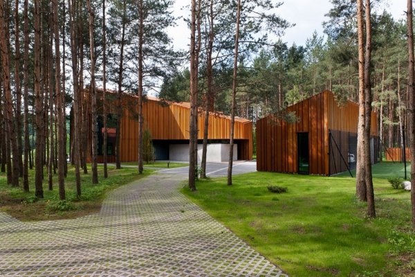 hus stål i trä ser modern design trädgård väg