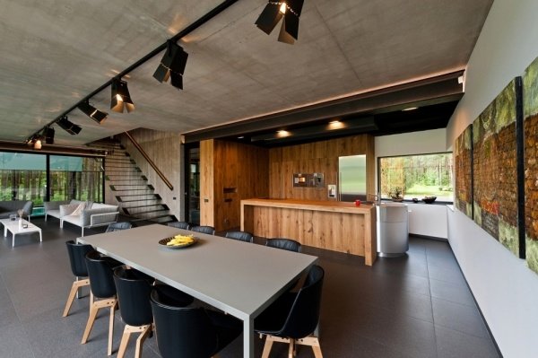 hus stål i trä ser modern design matsal
