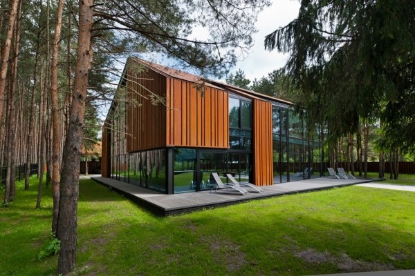 hus stål i trä ser modern design fasad