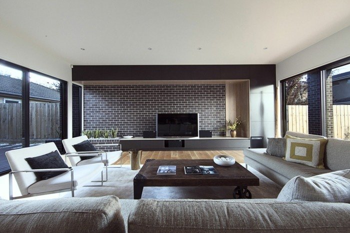 vardagsrum design soffbord trä förvaring vägg soffa lowboard
