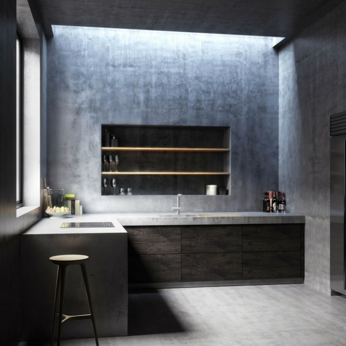 minimalistisk köksdesign grå ljus takpall skåp