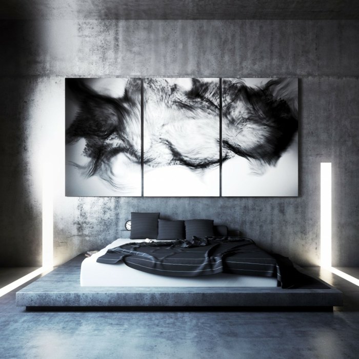 modernt sovrum design hus säng betong golv vägg
