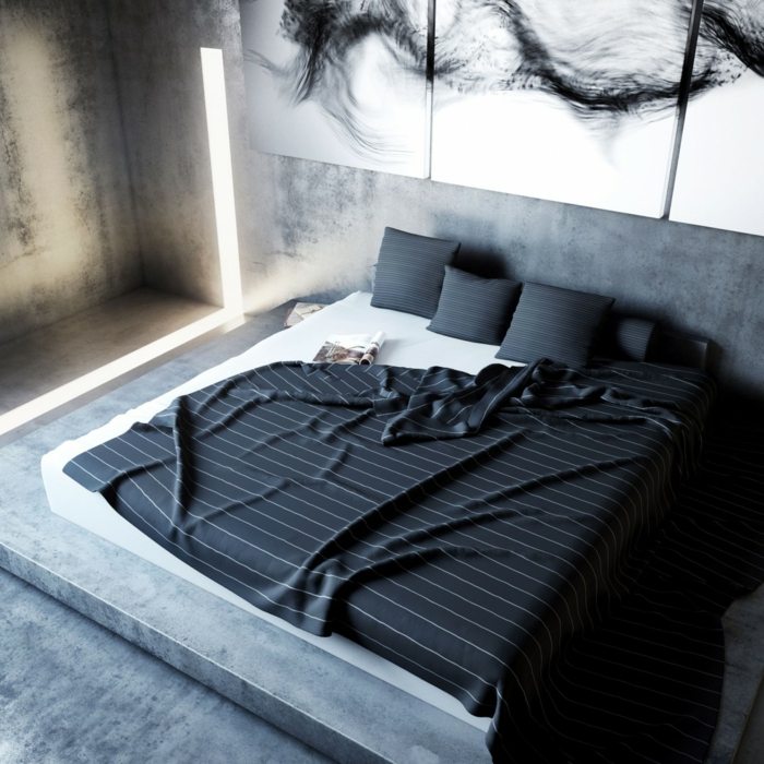 sovrum idé design minimalistisk säng piedestal lakan