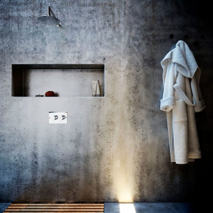 badrum design hus öppen dusch vägg nisch badrock