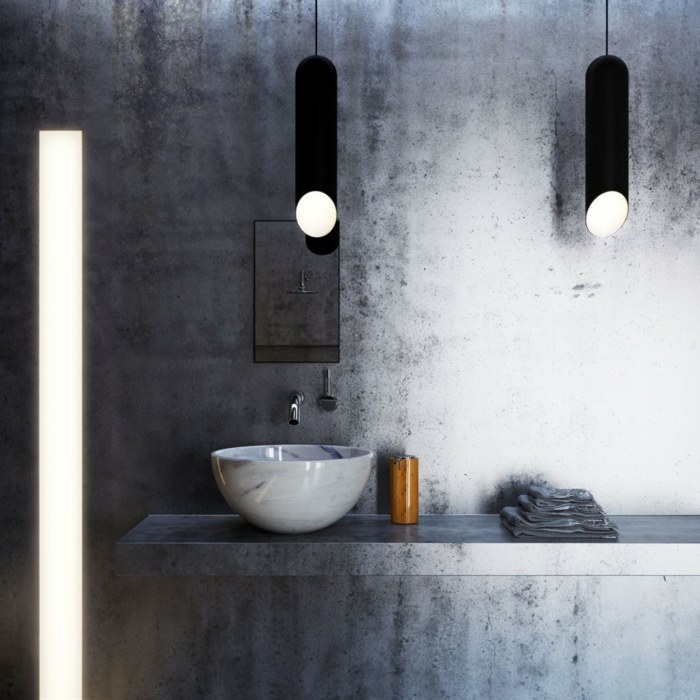 badrum betong grå handfat marmor konsol spegel