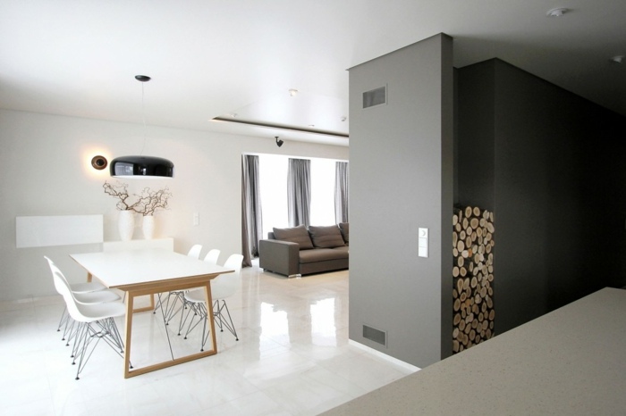 monokrom stil design matbord trä grå vägg design