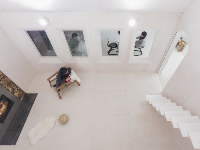 Öppen spis vardagsrum purist möbler modern konst vägg design-modern arkitektur se ovan