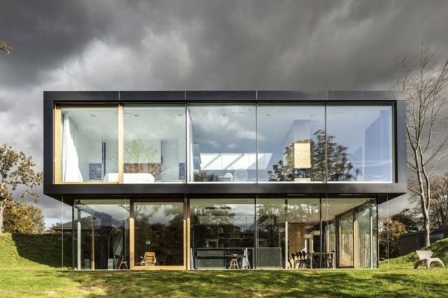 Golv glasfasad moderna skjutbara trädgårdsdörrar