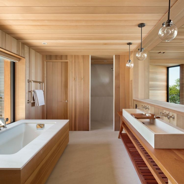 badrum kikare hus med träklädda interiör badkar designer hållbar kran handfat
