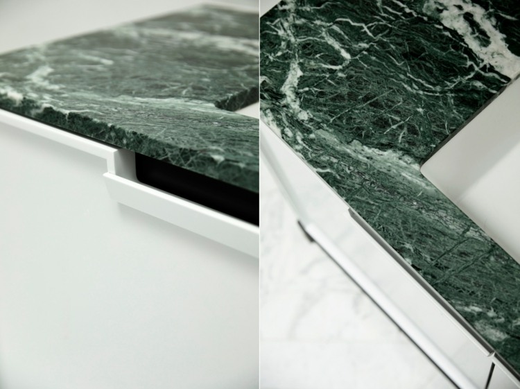 Marmor bänkskiva i grönt för badrummet med minimalistiska skåp