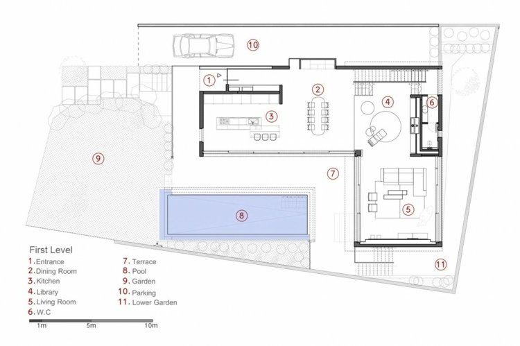 planlösning hus moderna medelhavs- och teak accenter